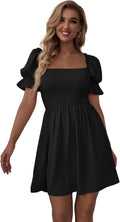 WDIRARA Square Neck Flounce Short Sleeve Shirred Ruffle Hem Dress wear
