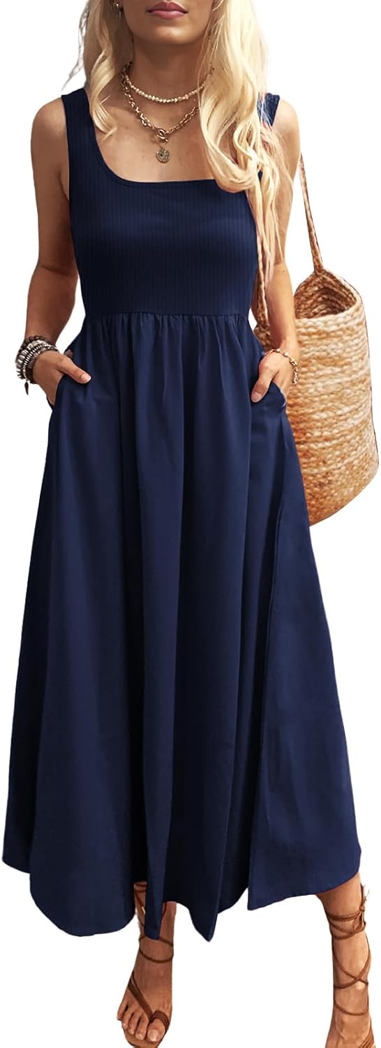Trendy Women's Maxi Dress Summer Sleeveless Sundress with Pockets
