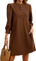 Wenrine Womens 3/4 Puff Sleeve Mini Dress Button Crewneck - Casual