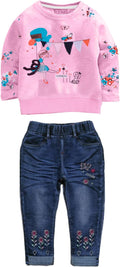 Toddler Girl Long Sleeve Top and Jeans Set - Cartoon 2 Piece Outfit