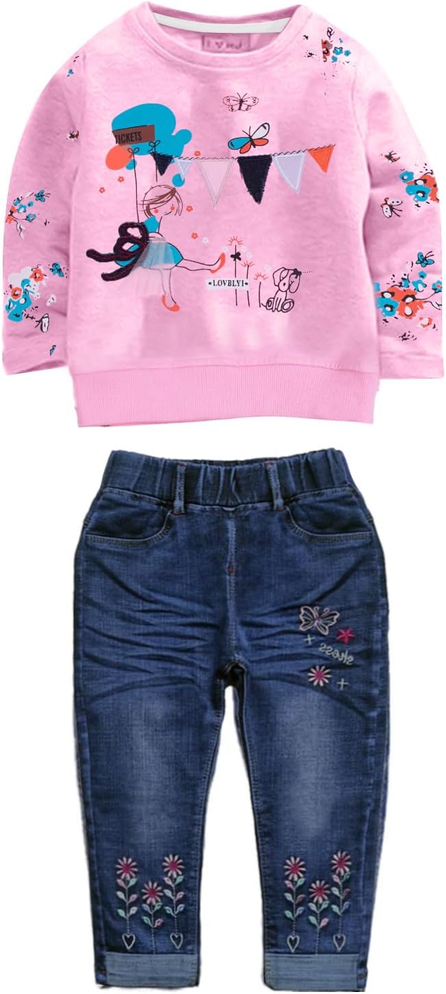 LUKYCILD Toddler Girl Clothes Long Sleeve Top and Jeans Set