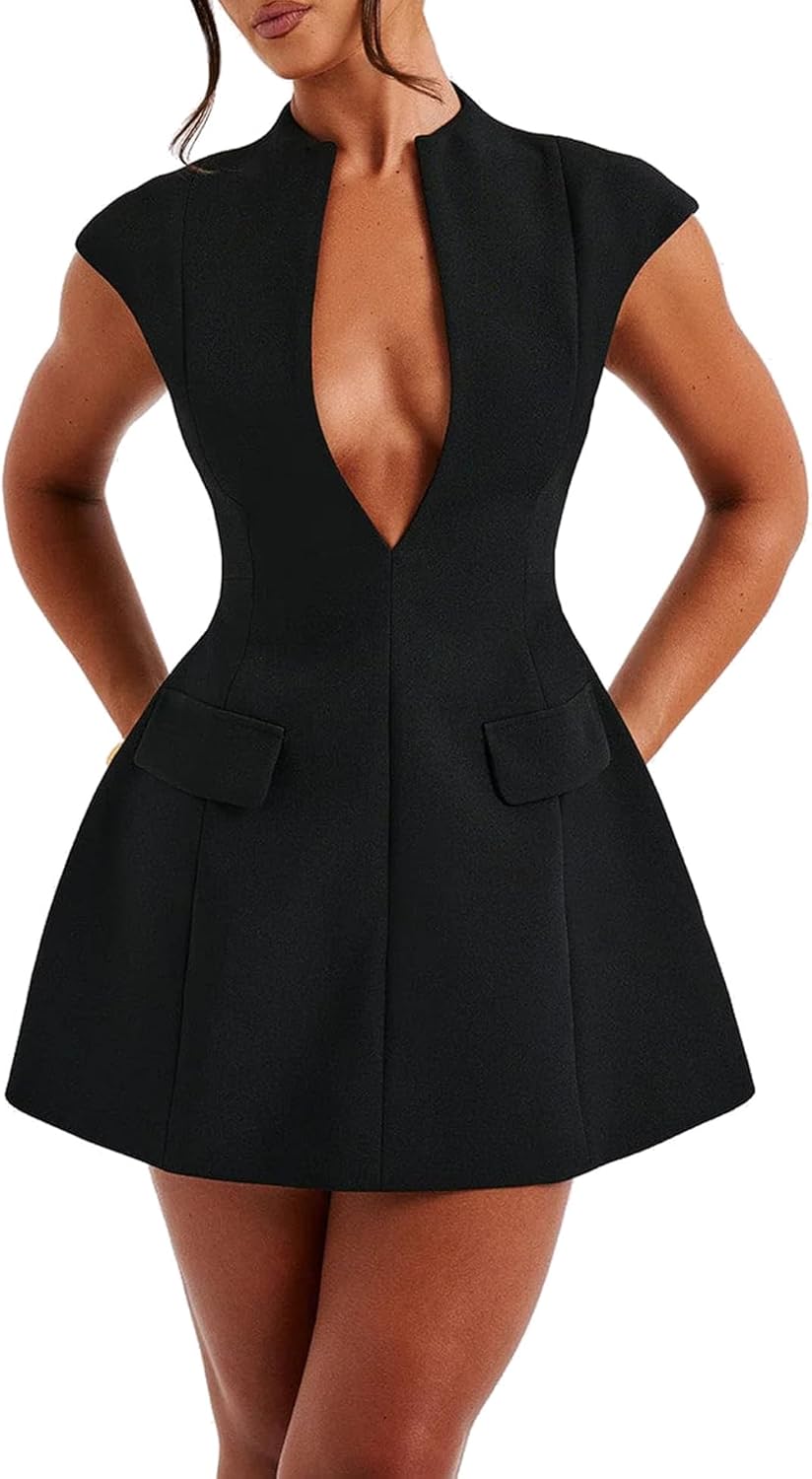 LuFeng Women's Summer Sexy Cap Sleeve Deep V Neck Mini Dress