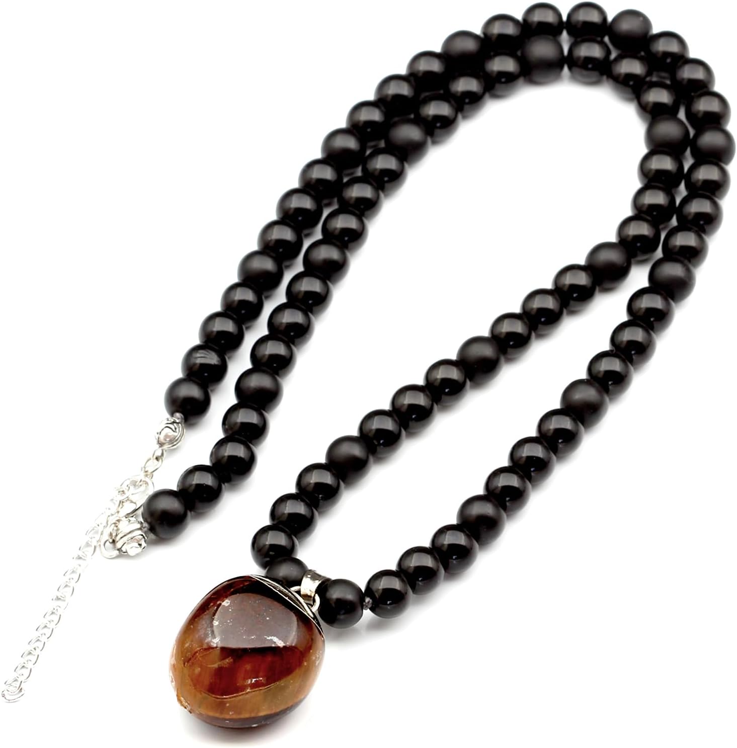 Natural Raw Tourmaline Pendant and Black Onyx Beaded Necklace