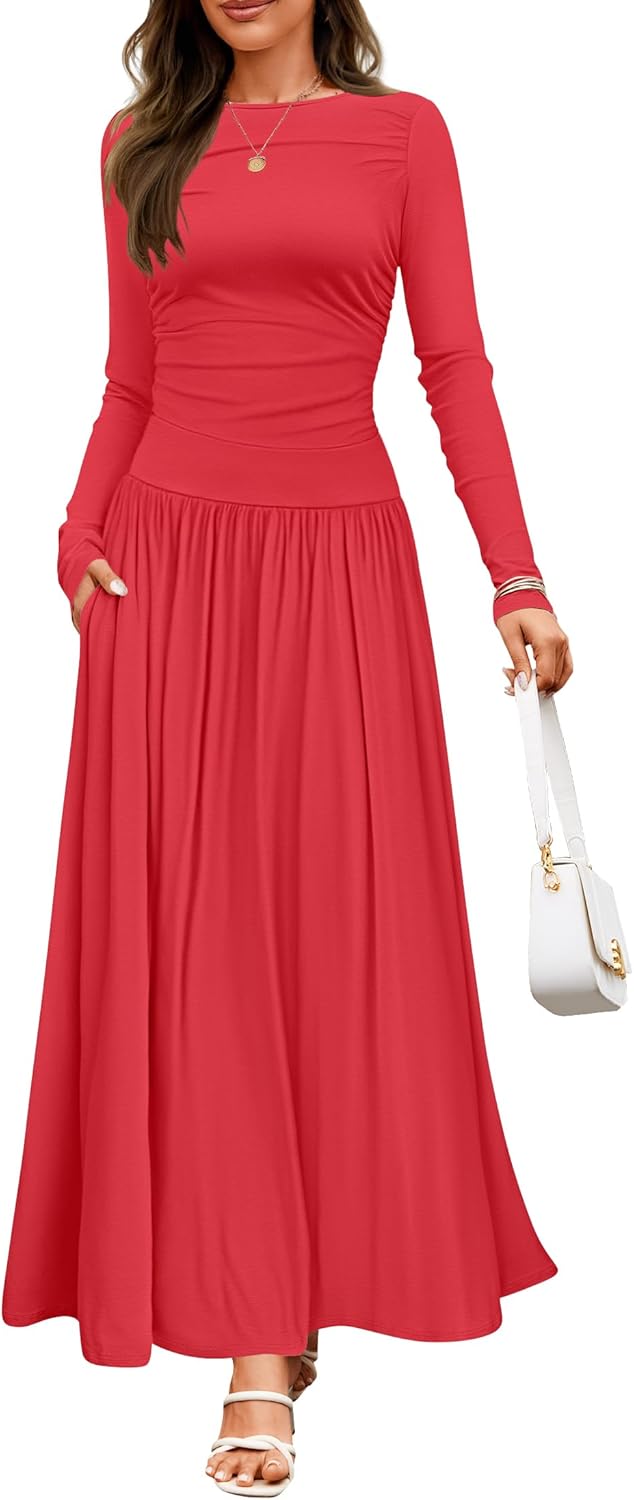 ZESICA Women's Long Sleeve Maxi Dress with Pockets for Fall