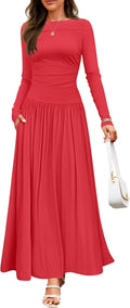 Women's Long Sleeve Knit Maxi Dress with Pockets - Slim Pleated Fit
