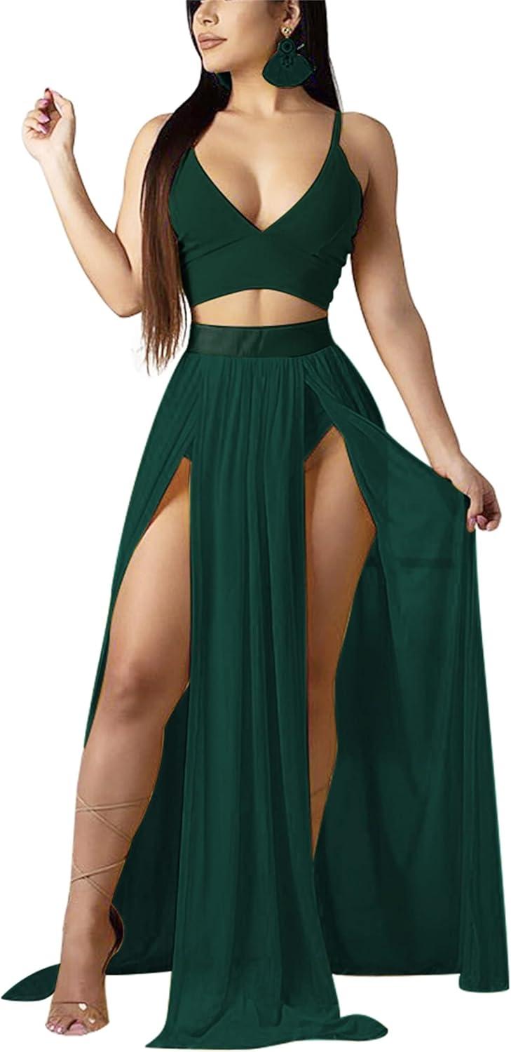 Women Sexy 2 Piece Outfits Dress Chiffon Strap Deep V Neck