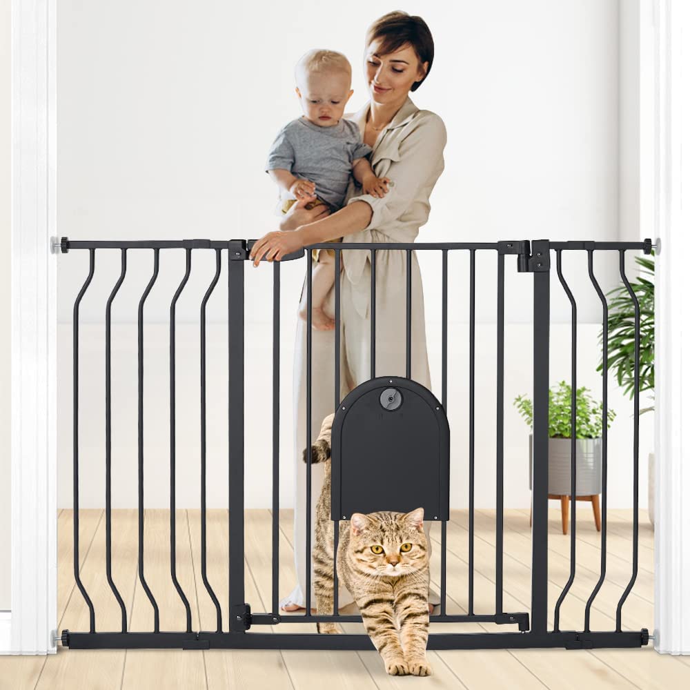 Extra Wide Metal Baby Gate + Cat Door for Easy & Safe Pet Access