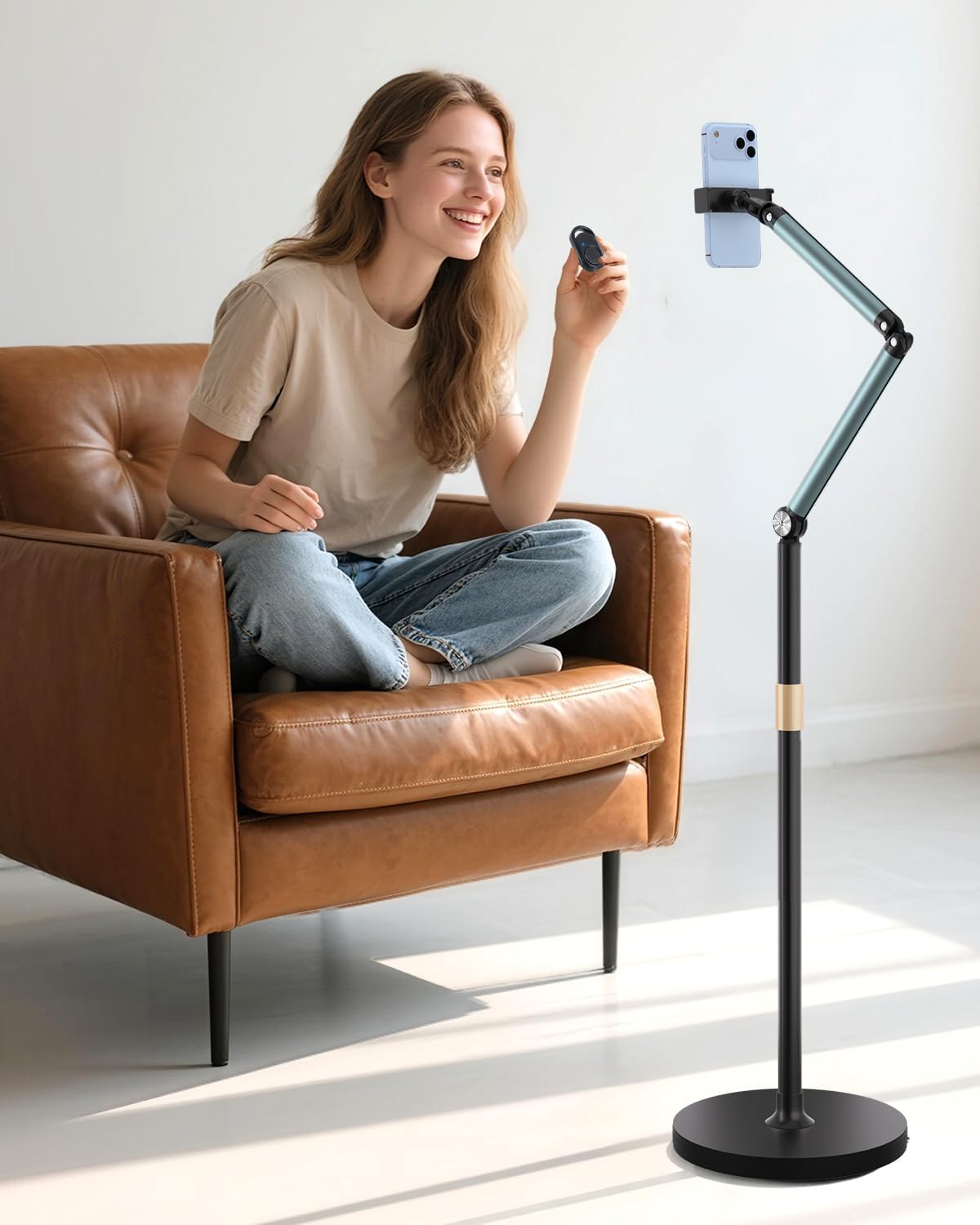 Phone Floor Stand with Adjustable Height and Remote Control