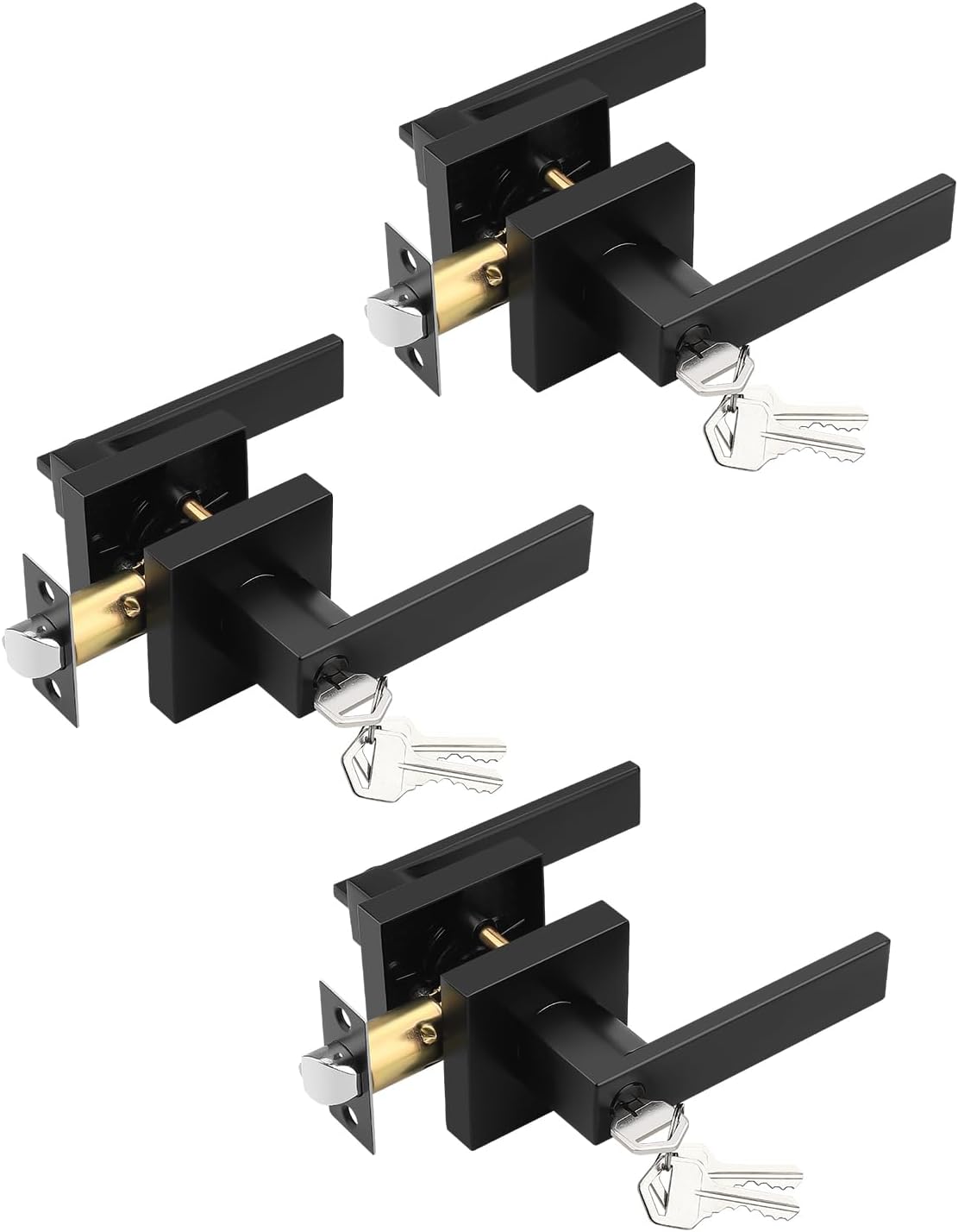 3 Pack Square Entry Door Levers with Lock and Key, Matte Black