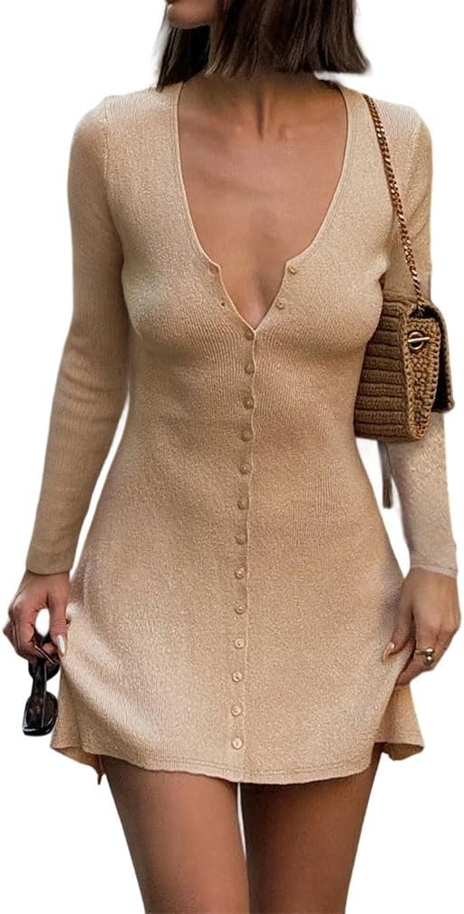 Women Sexy Deep V Neck Button Front Knit Mini Dress for All Occasions