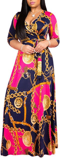 Wrap V Neck Plus Size Maxi Dress - Chain Floral Swing with Belt