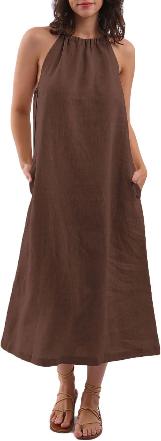 Linen Halter Sleeveless Maxi Dress with Pockets for Women