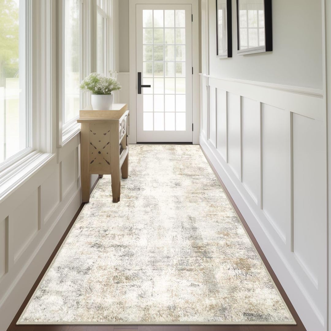 Light Beige Abstract Hallway Runner Rug - Ultra Soft & Washable