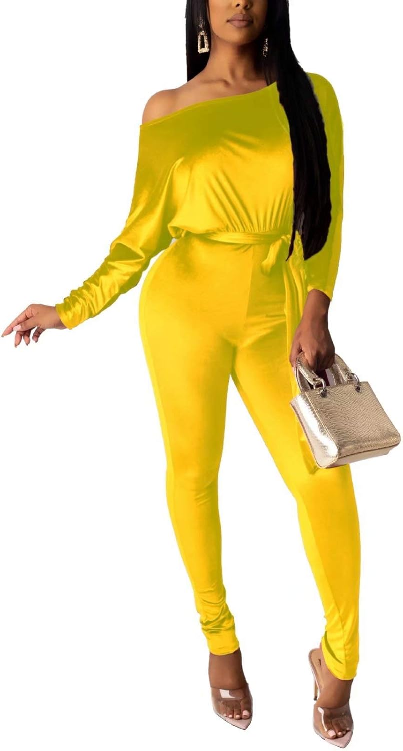 LKOUS Women Velvet Off Shoulder Jumpsuit for Party and Club