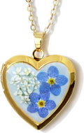 Handmade Heart Shaped Forget Me Not Photo Locket Necklace - Gold