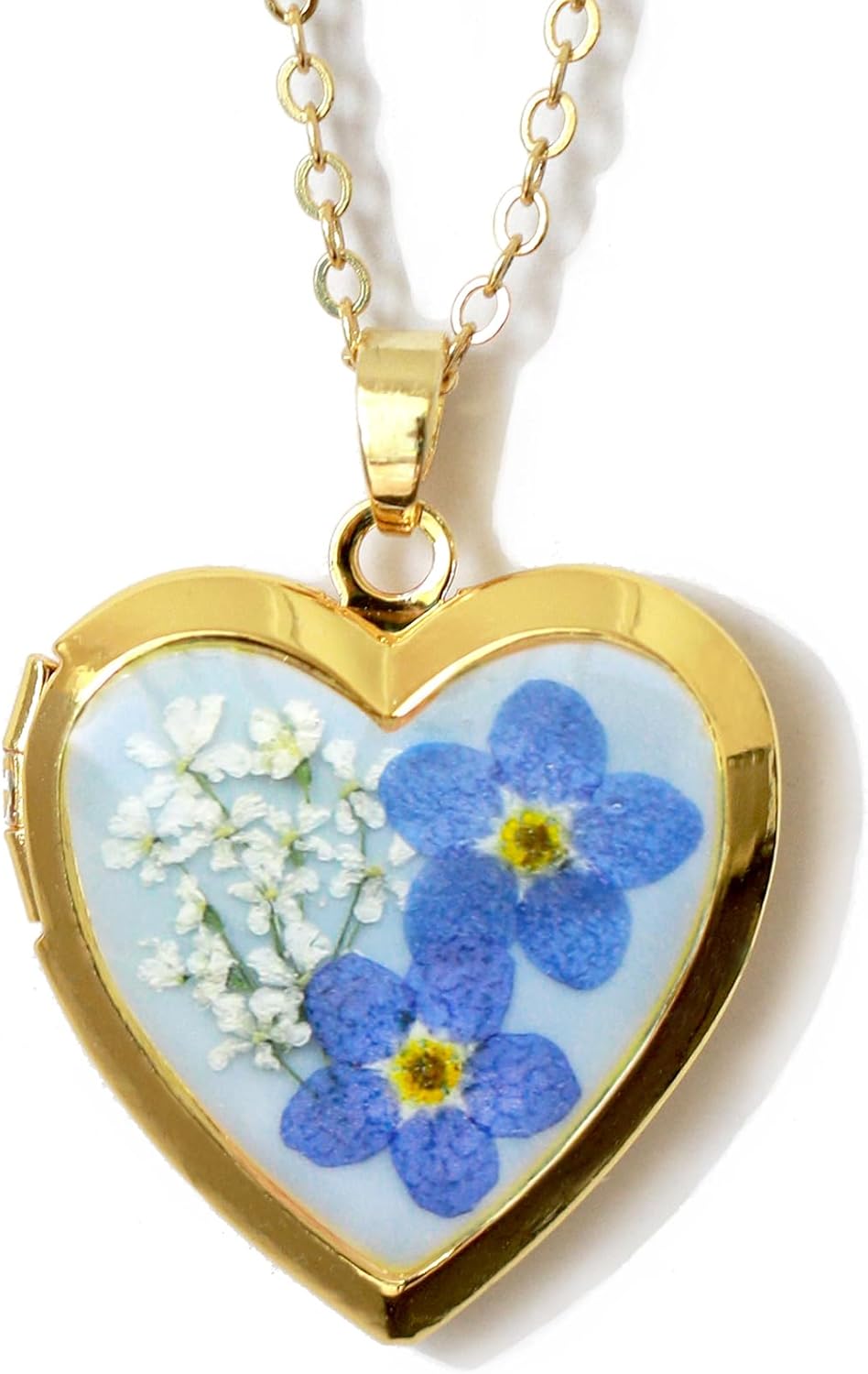 Handmade Heart Shaped Dried Pressed Forget Me Not Flower Locket