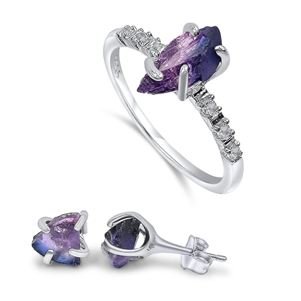 Raw Alexandrite Stud Earrings and Dainty Ring Jewelry Set
