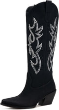 Pasuot Western Cowboy Boots for Women - Rhinestone Knee High Wide