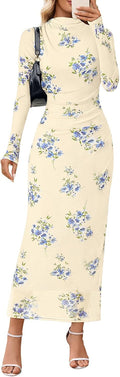 Long Sleeve Fall Wedding Guest Bodycon Floral Mesh Maxi Dress