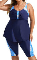 Plus Size Tankini Swimsuit Two Piece - Flowy Rash Guard with Capris 28