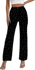 Kedera Women's High Waisted Pearls Beaded Wide Leg Jeans - Light Wash