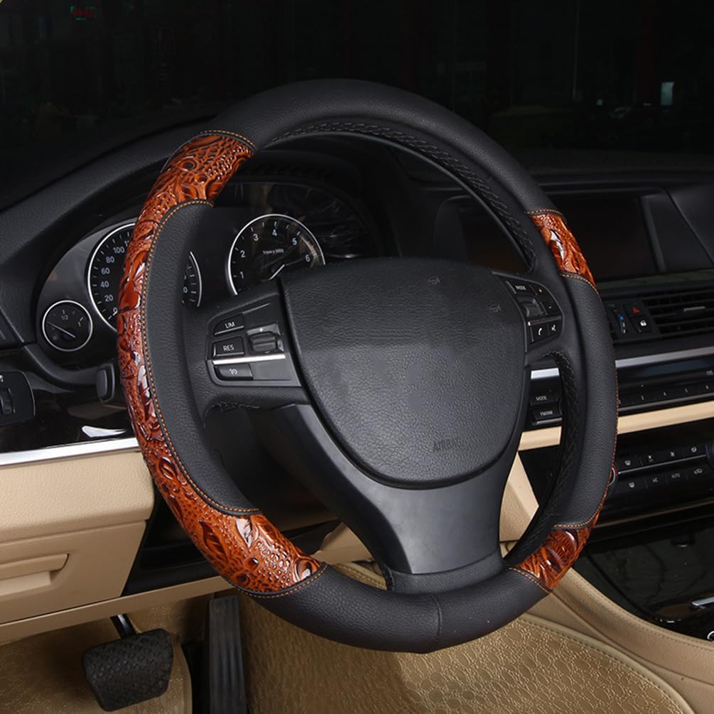 Steering Wheel Cover with Crocodile Grain Leather for Comfort