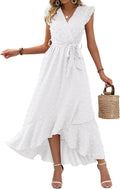 BTFBM Women V Neck Summer Dress Swiss Dot Wrap Maxi - Flowy Fit