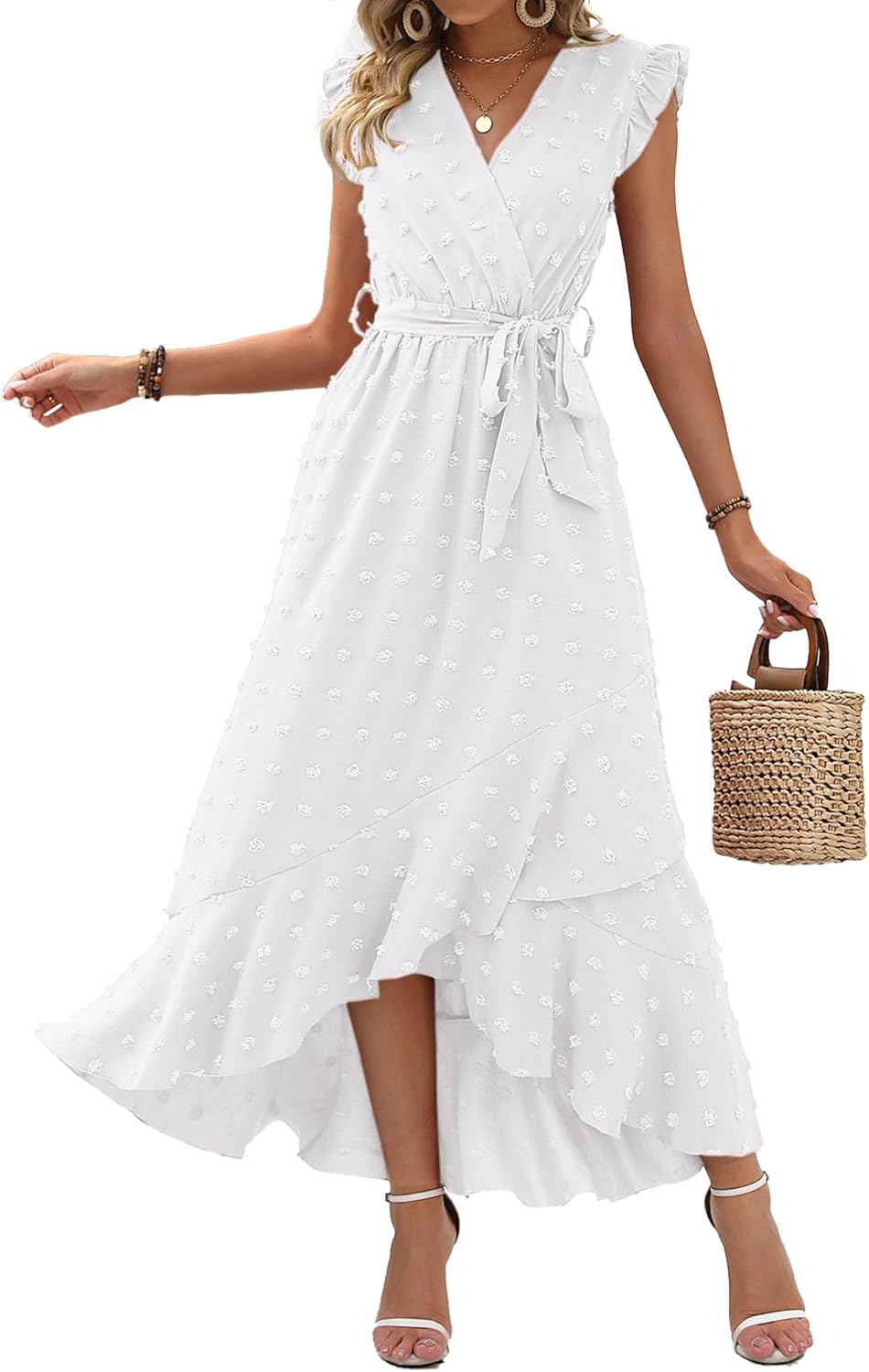 BTFBM Women V Neck Summer Dress with Ruffle Slit for Parties