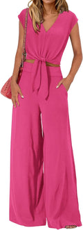 Women's Summer 2 Piece Outfits V Neck Crop Top and Wide Leg Pant