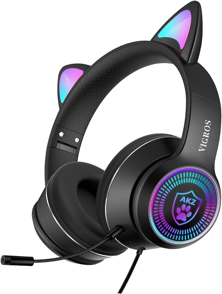 VIGROS Cat Ear Gaming Headphones - Noise Canceling LED Stereo Headset