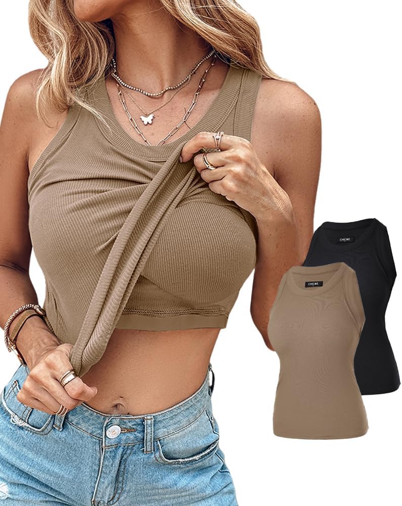 CHICME 2 Piece Tank Tops with Built-in Bras for Women