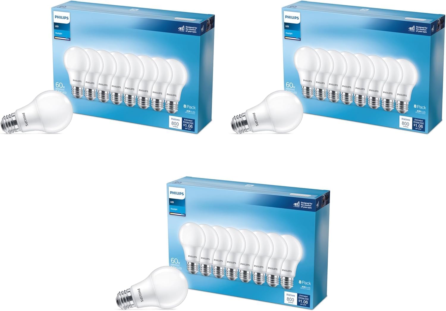 PHILIPS LED 60W A19 Daylight Bulbs - Energy Efficient & EyeComfort