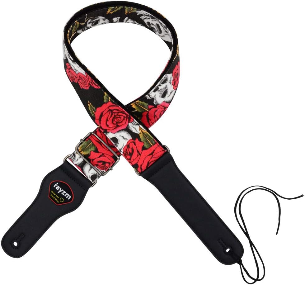 Rayzm Guitar Strap: Beautiful Rose Design, Plectrum Pocket, Cool Skull Pattern