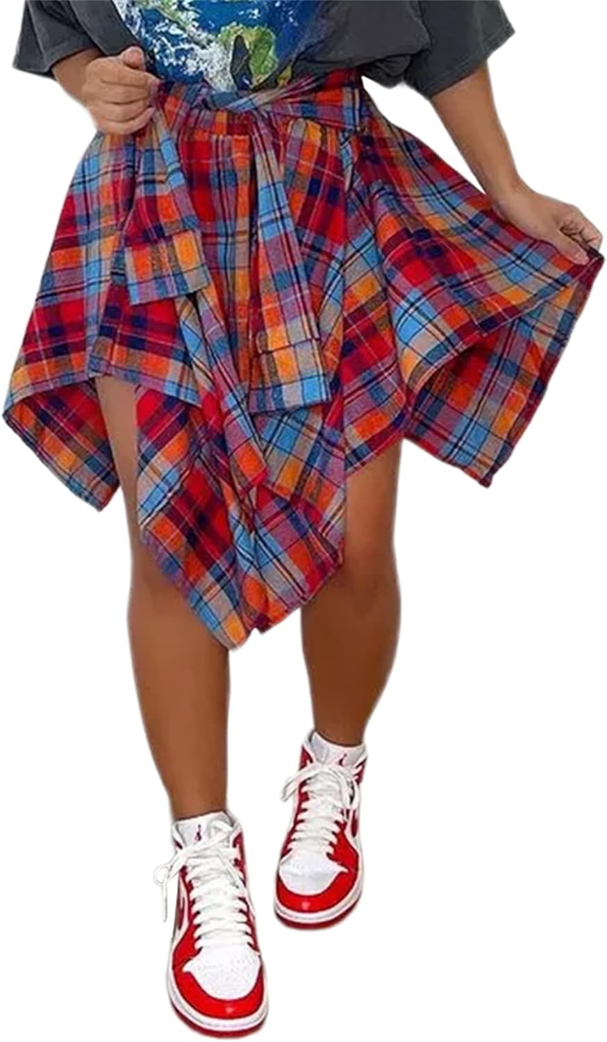 Women's Plaid Skirts High Waisted Knot Front Mini Skater Style