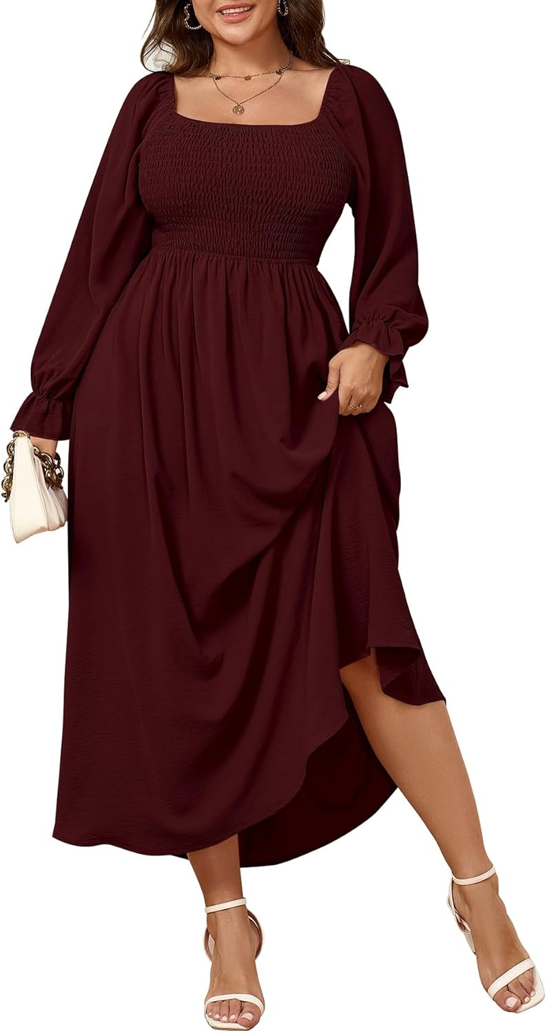 Women's Plus Size Maxi Dress Long Sleeve Square Neck Smocked