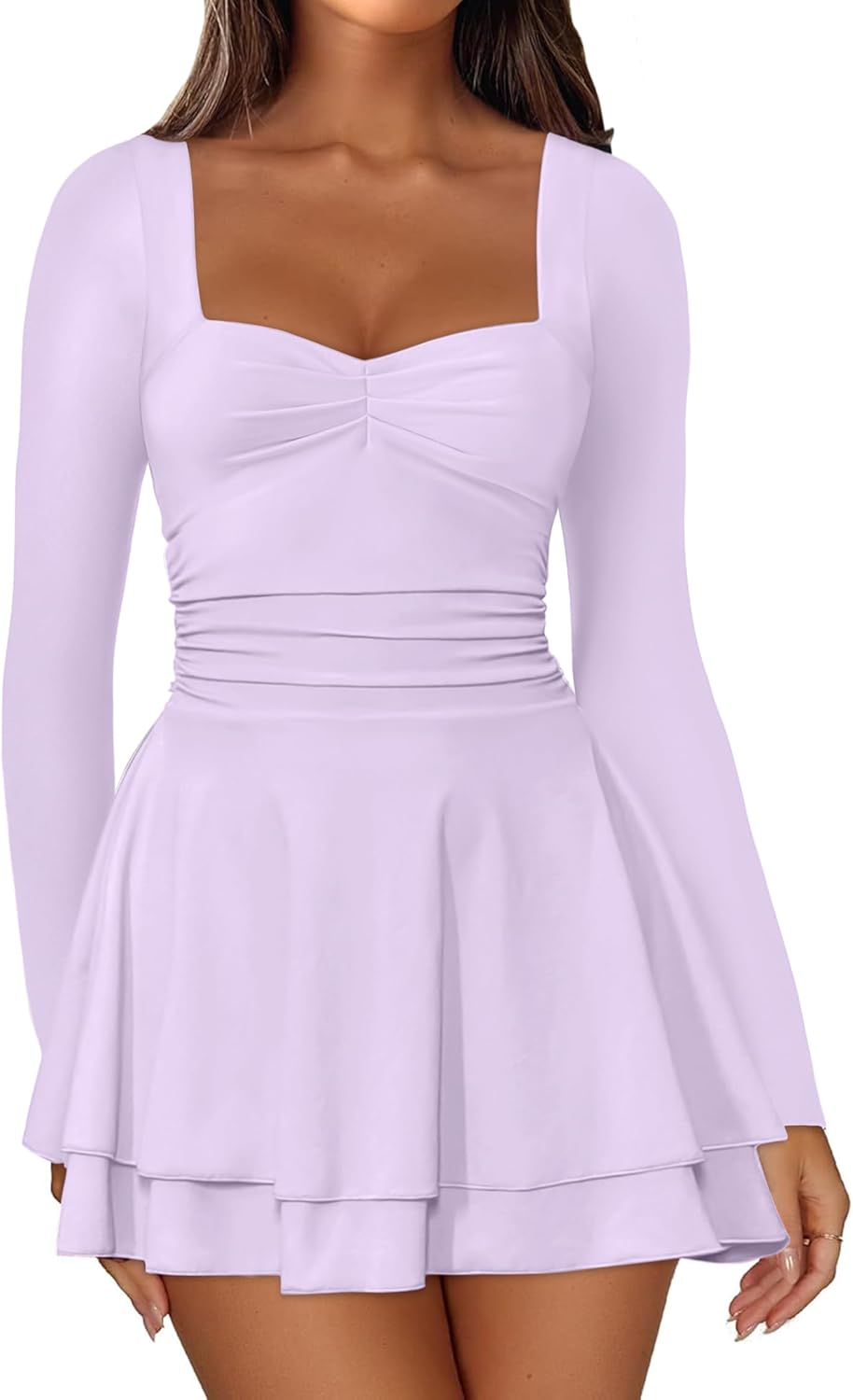 IWD Women's Square Neck Long Sleeve Mini Dress for Parties