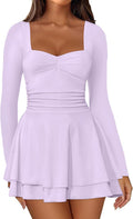 Square Neck Long Sleeve Mini Dress Ruched Corset Waist - Flattering