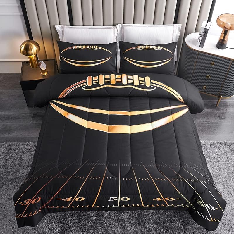 Boys Comforter Set Twin Size Football Themed 3 PCS Black Gold