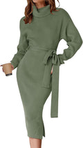 Women's Turtleneck Sweater Midi Dress - Ribbed Bodycon with Belt