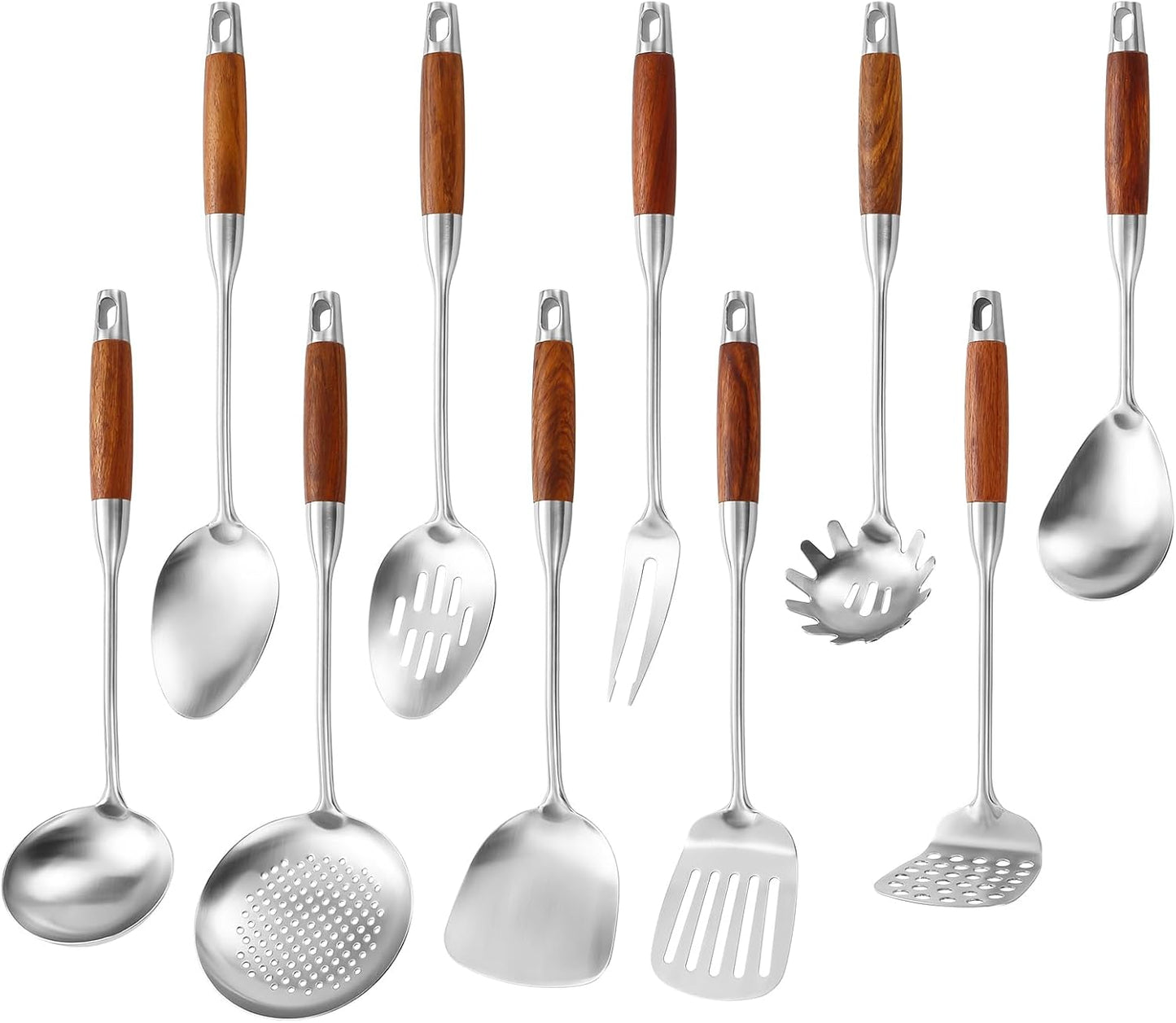 Stainless Steel Kitchen Utensils Set with Wood Handle - 10-Piece
