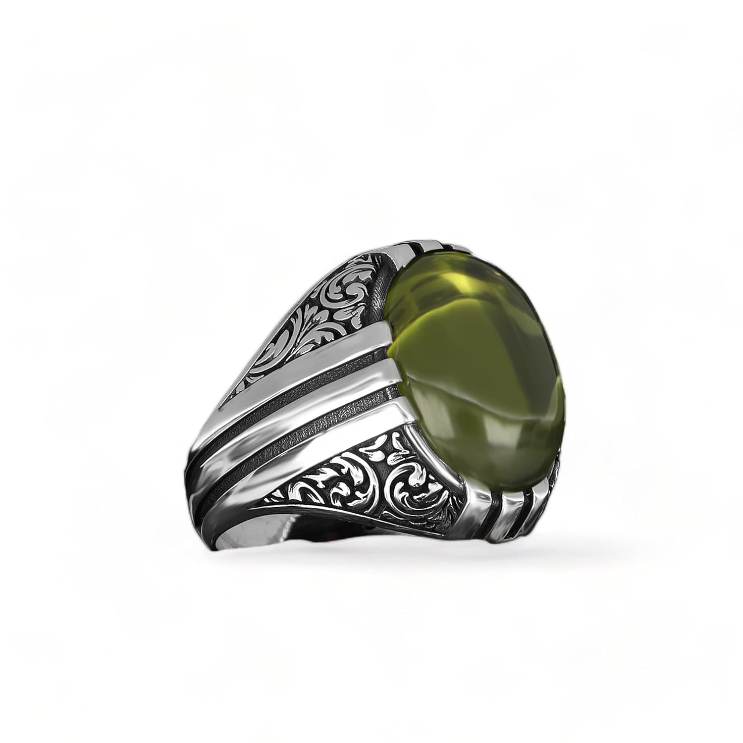 925 Sterling Silver Peridot Stone Men's Ring - Handmade Elegance