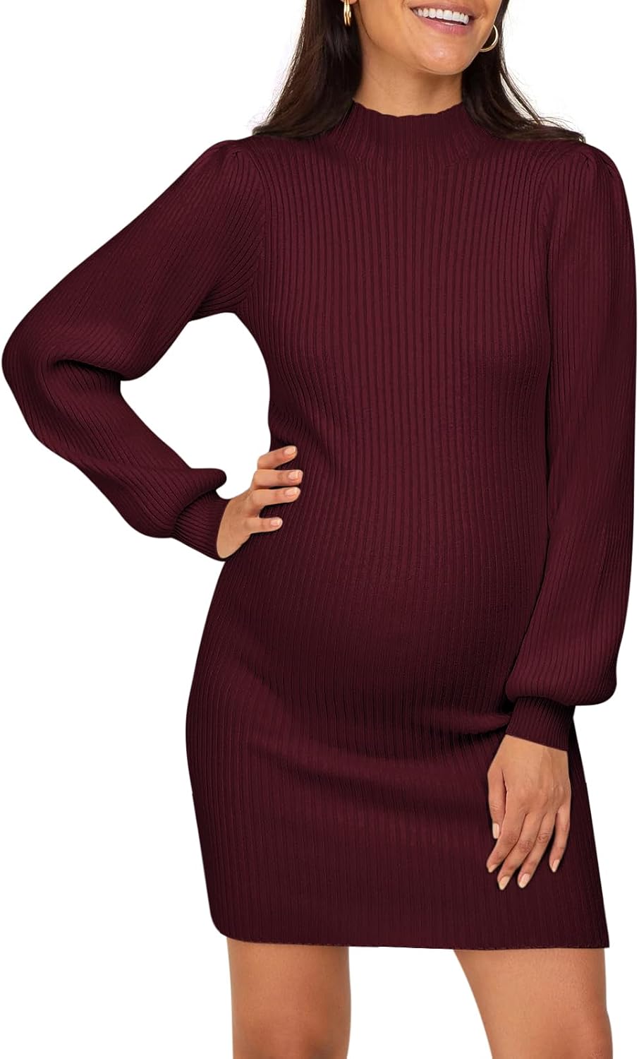 Maternity Sweater Dress for Pregnant Women with Puff Sleeves