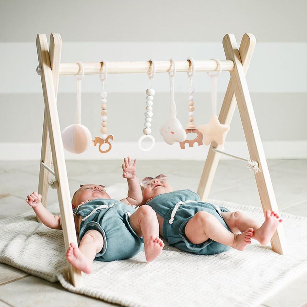 Foldable Wooden Baby Gym: 6 Toys, Natural Pine, FUNNY SUPPLY