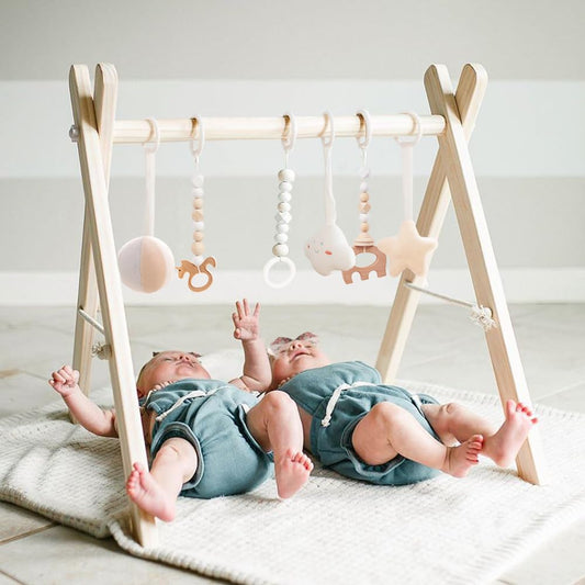 Foldable Wooden Baby Gym: 6 Toys, Natural Pine, FUNNY SUPPLY