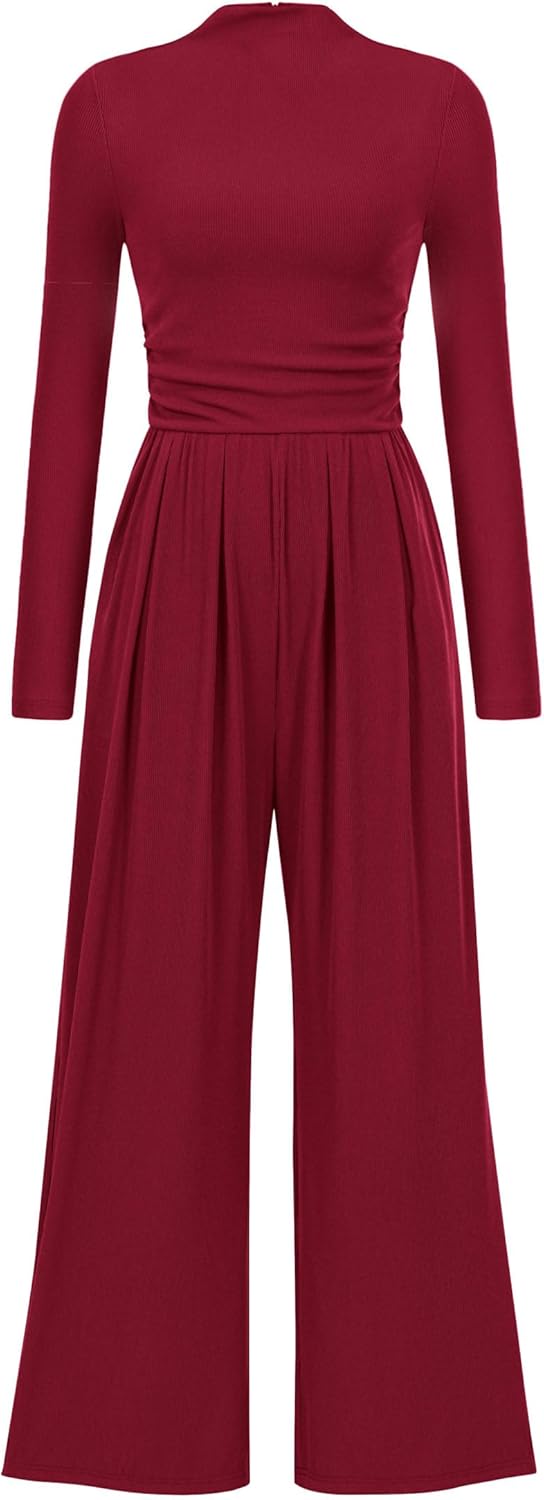 PRETTYGARDEN Long Sleeve Mock Neck Jumpsuit for Women Fashion