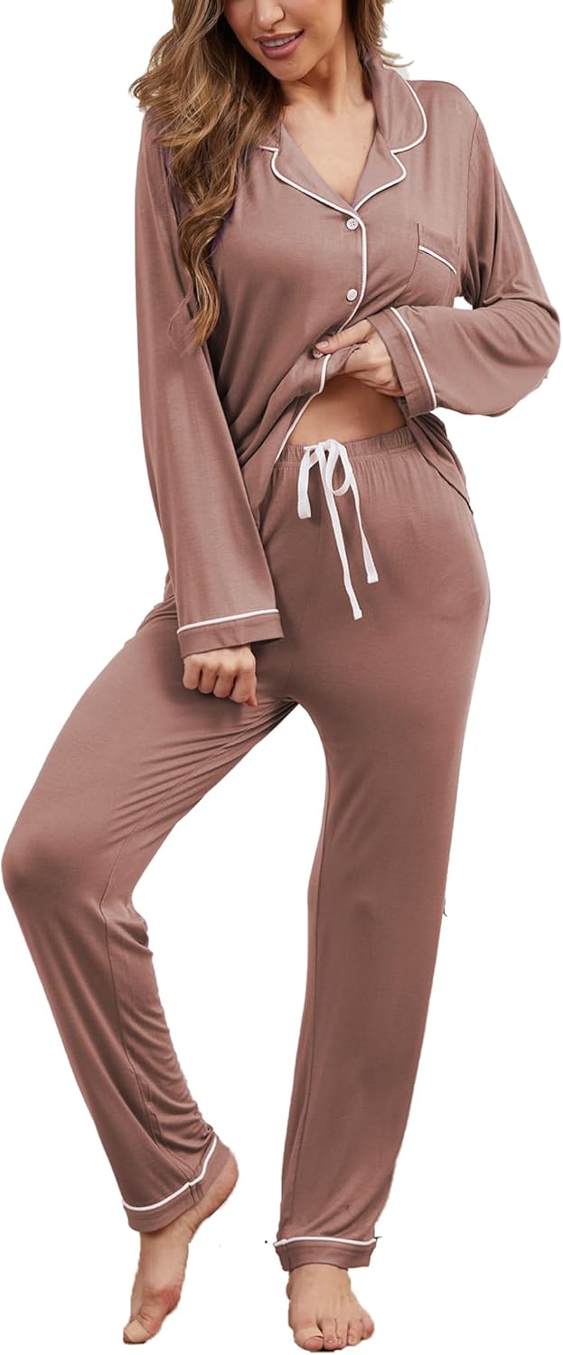 Button Up Pajamas for Women Long Sleeve Soft Loungewear Set