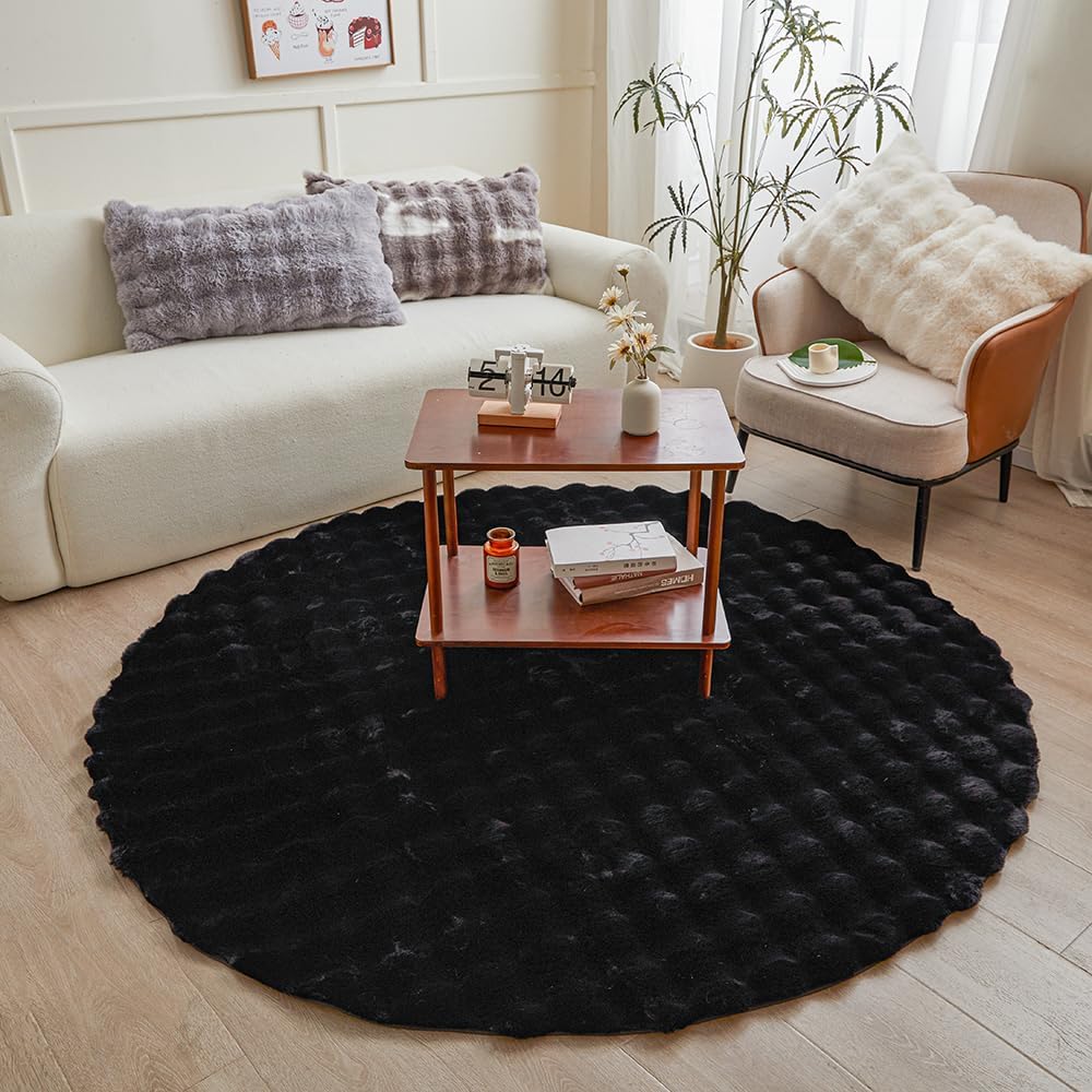 Chovy Black Round Faux Fur Area Rug, 5ftX5ft, Soft & Stylish