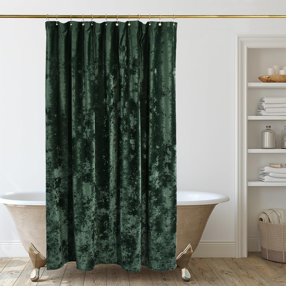 Extra Long Dark Green Shower Curtain Set with Gold Hooks