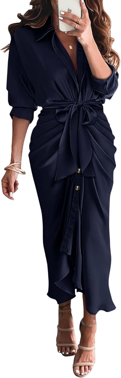 Elegant Satin Maxi Dress for Women with Long Sleeves and Belt