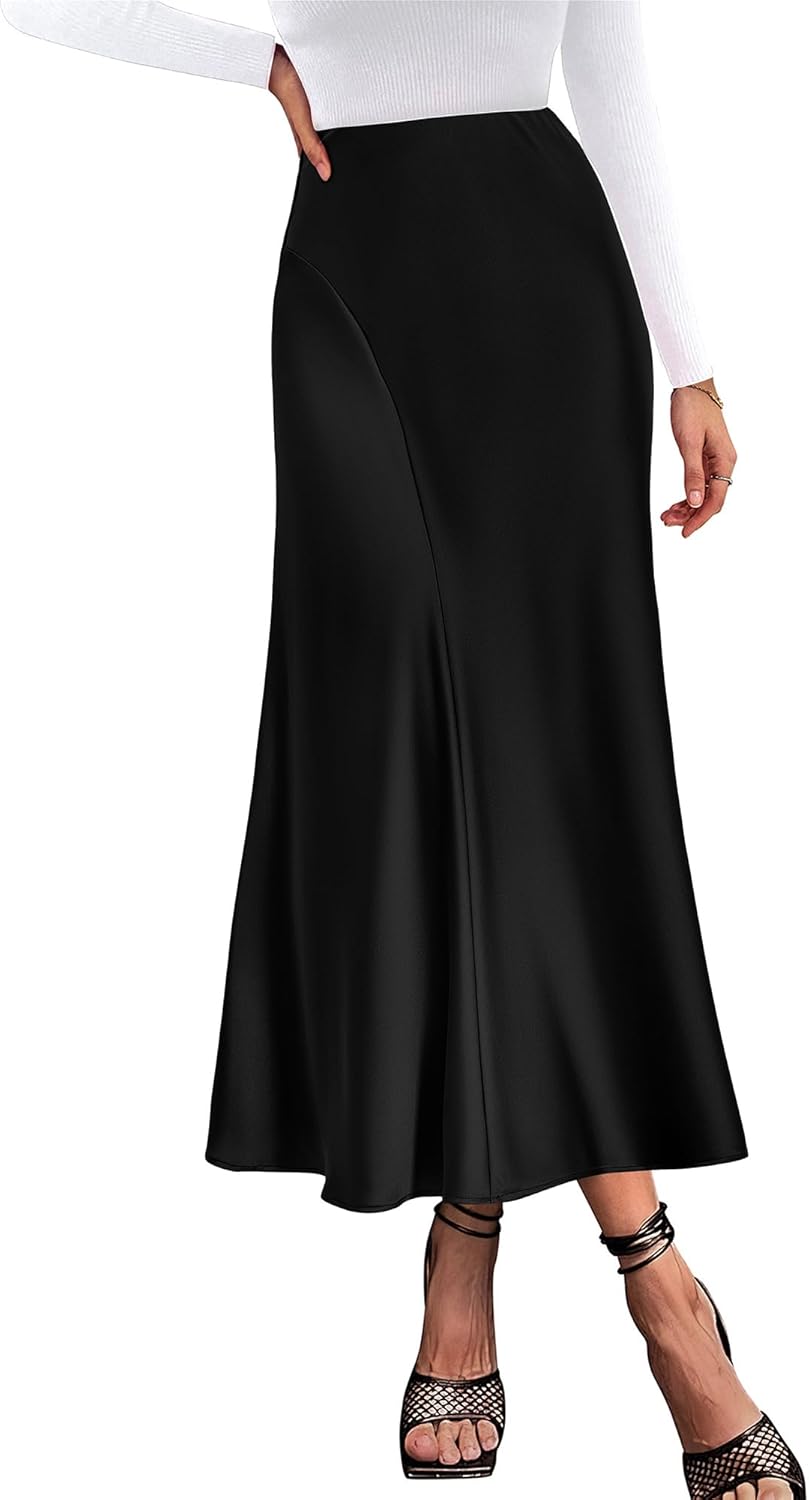 KIRUNDO Women's Satin Elastic High Waisted Maxi Skirt for All